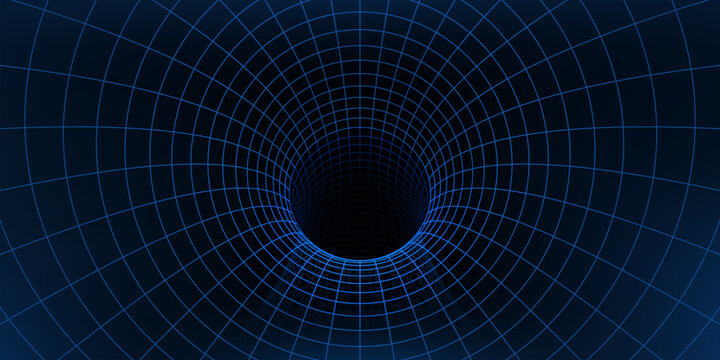 Wireframe grid tunnel vector 3d background. Abstract space wormhole, mesh tunnel, funnel or vortex with geometric grid pattern of neon blue line wireframe. Digital graphic space wormhole or portal