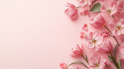 Naklejka premium Spring flatlay showcases an arrangement of delicate pink tulips and cherry blossoms against a soft pastel pink backdrop, ideal for inspiration in crafting, events, or social media