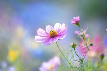 Fototapeta premium Pastel cosmos flowers in a garden field. Soft focus. Possible use Nature background