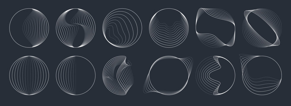 Line round spiral wave shapes, concentric geometric swirl. Vector set of abstract vortex circles, dynamic circular ripples, thin radial bursts, curve whirlwind sonars. White whirlwind looping patterns