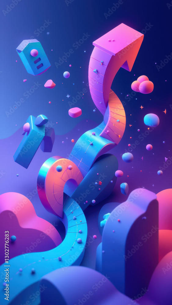 Poster an abstract illustration featuring cloud computing elements and technology icons set against a vibra