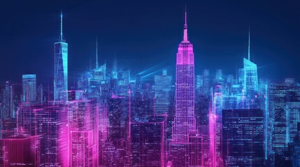 Futuristic city skyline at night with neon lights, showcasing vibrant urban life and technology