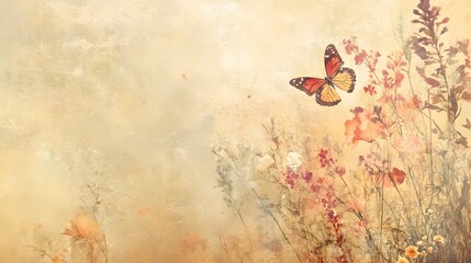 Colorful Butterfly Over Delicate Spring Flowers in Soft Light