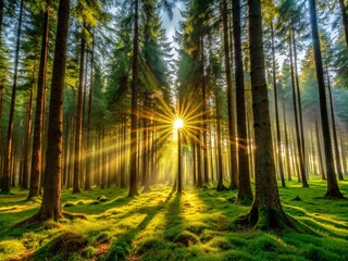 Sunlit Belgian Spruce Forest: Panoramic Coniferous Woodland Scene