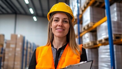 Woman warehouse worker smiling, holding clipboard