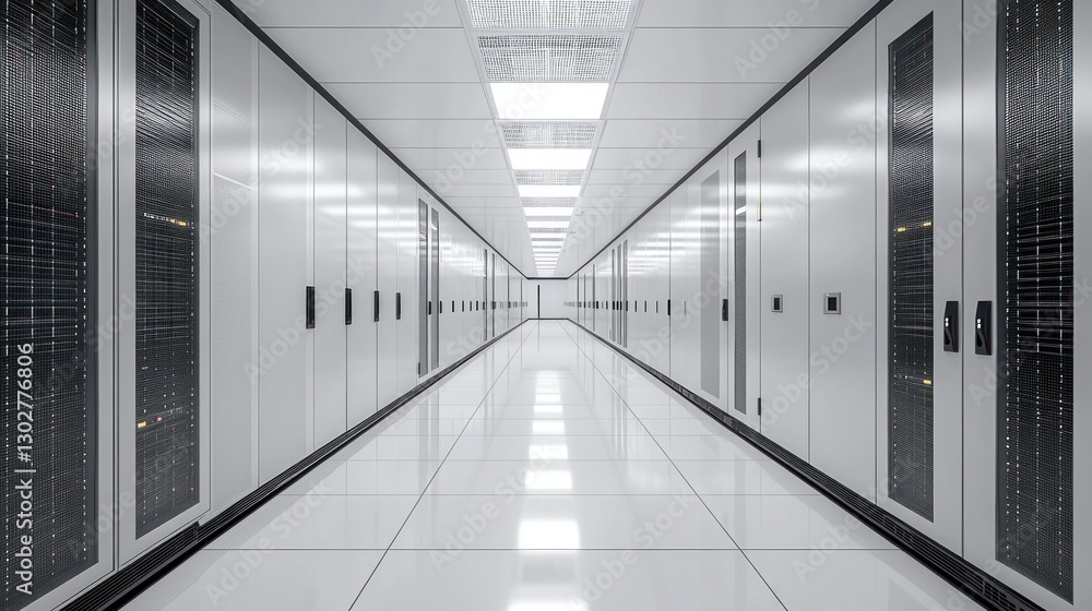 Poster modern data center corridor with rows of server racks and lights