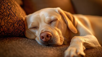 National pet day with companionship and dog concept. Sleeping dog on a cozy couch with a soft background.