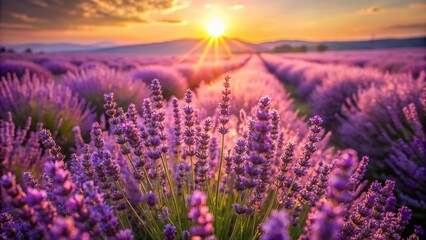 Obraz premium Sunlit Lavender Field: Serene Purple Flowers in Blooming Meadow