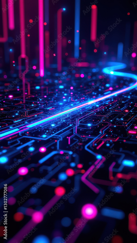Poster a high-tech, digital landscape with colorful circuits and lights, symbolizing ci/cd, docker, kuberne