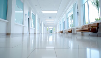 Hospital Corridor, Bright, Empty, Clean, Modern, Interior, Medical