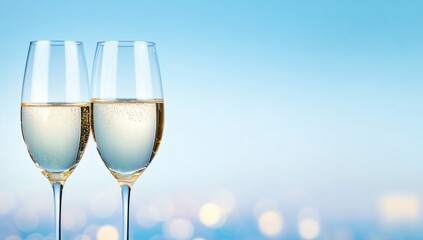 Obraz premium Champagne glasses, celebration, outdoors, background bokeh, celebratory drink, ideal for greeting card
