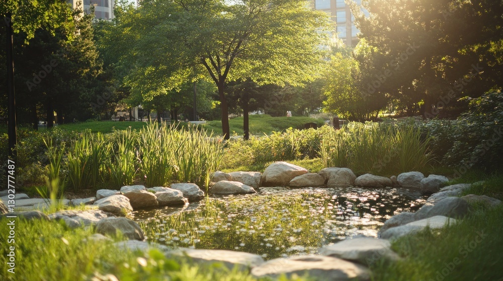 Poster serene park scene with a tranquil pond surrounded by lush greenery and sunlight filtering through tr