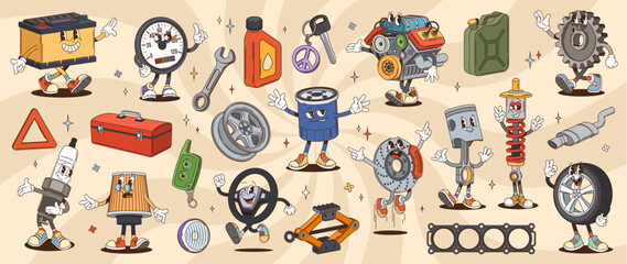Cartoon groovy car spare part characters. Psychedelic hippie auto repair tools and spare parts vector personages. Retro groovy car engine, piston, oil and battery, wheel, tire, spark plug and gear