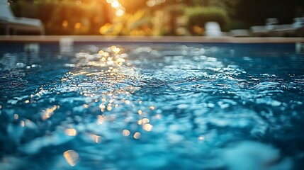 Sparkling pool water at sunset, resort background, summer relaxation.