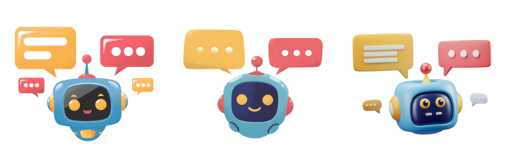 Cheerful Blue Robot with Speech Bubbles on White