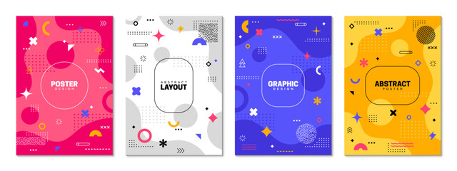 Memphis posters with abstract geometric shapes. Vector vibrant and modern vertical card templates with bold colors and patterns. Contemporary, minimalist compositions for art prints or covers designs