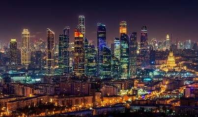 Obraz premium Illuminated cityscape with modern skyscrapers at night