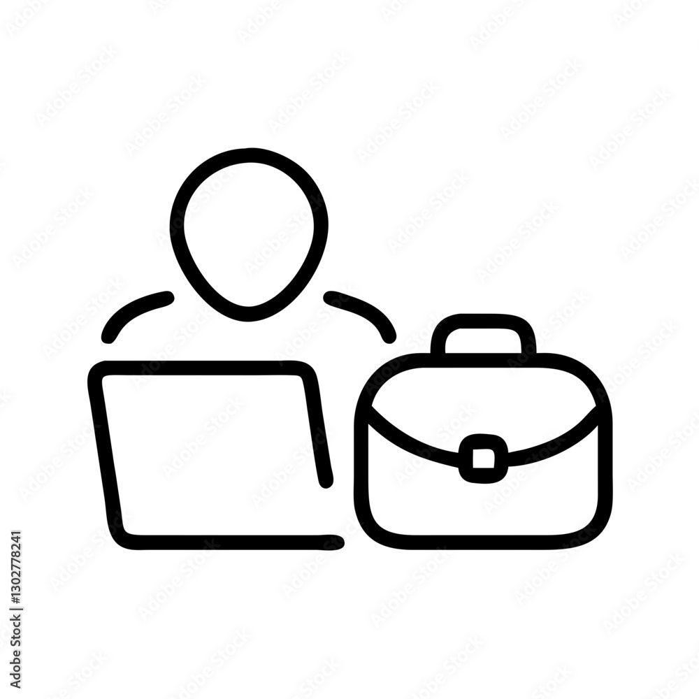 Poster freelancer working on a laptop with a briefcase for online projects and remote tasks during flexible
