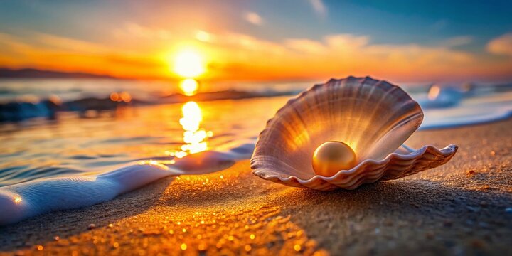 Sunset Seashell with Pearl: Golden Hour Beach Scene - Long Exposure Photography