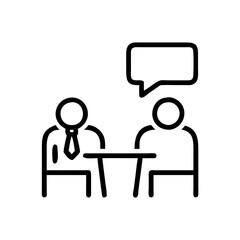 Fototapeta premium Two professionals engaged in a job interview conversation at a table with dialogue bubble indicating discussion and inquiry