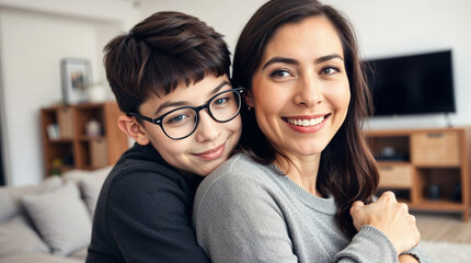 A teenage boy hugs his mother from behind with a loving expression, Mother's Day, Mom and Child, Family Love, Happy Mother