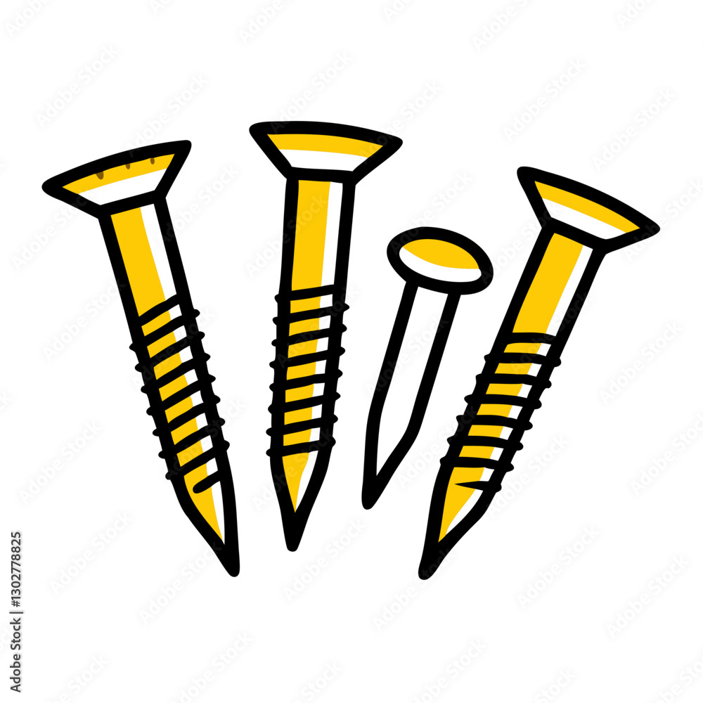 Poster collection of various nails and screws illustrated in a simple vector style, showcasing different sh