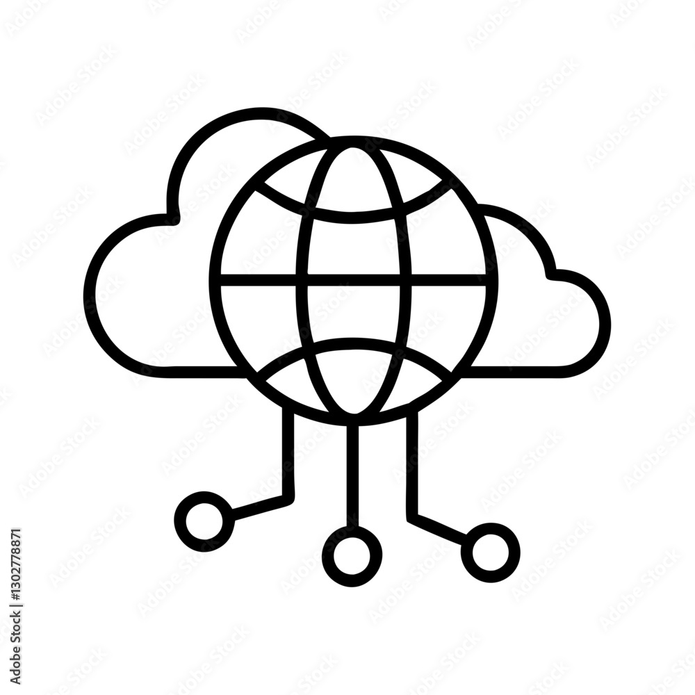 Poster symbol representing network connection with cloud and globe, illustrating digital communication and 