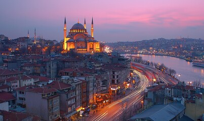 Fototapeta premium Istanbul cityscape at sunset with S?leymaniye Mosque, Golden Horn, traffic trails