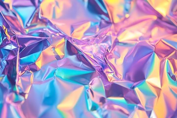 Close-up of Crumpled Iridescent Foil with Holographic Effects, Magical Colorful Background for Product Display