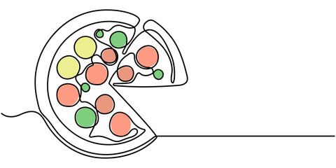 One Continuous Line Drawing of Pizza Icon. Single Line Vector Illustration, Whole traditional pizza in a box one line colored continuous drawing. Traditional italian fast food continuous one line. 