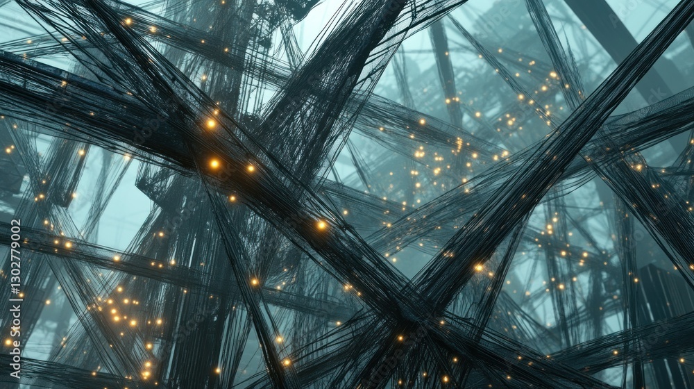 Poster abstract network of intertwining strands illuminated by glowing nodes in a digital environment