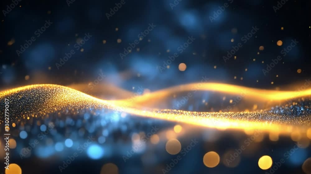 Poster golden sparkles of data: an abstract digital art piece showcasing golden particles creating a wave-l