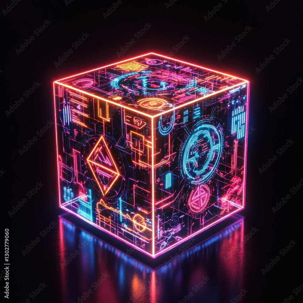 Poster neon glowing cube with intricate circuitry.