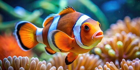 Panoramic aquarium close-up showcases orange and white clownfish; a captivating predator-prey dynamic unfolds.