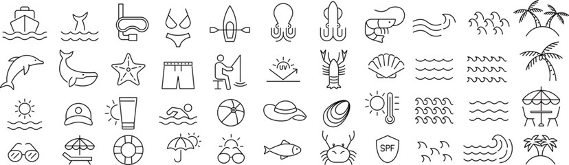 ベクターでモノクロの海に関する線画アイコンセット © syoko