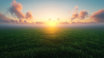 Obraz premium Sunrise over a grassy field, serene landscape, aerial view, perfect for background use
