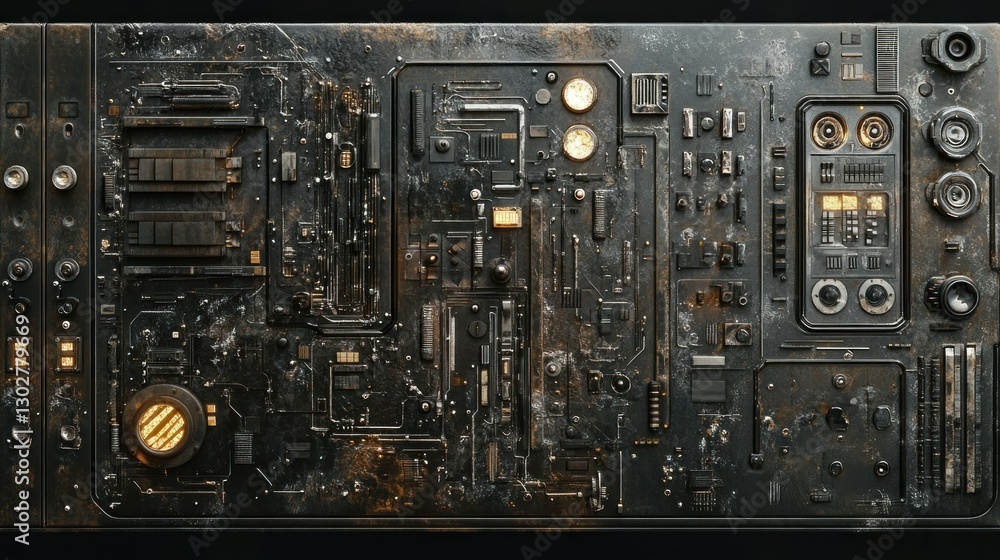 Poster detailed close-up of a worn-out circuit board with intricate components and glowing lights