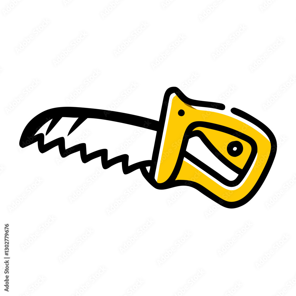 Poster icon representation of a hand saw tool designed in a vector style with a yellow handle and black bla