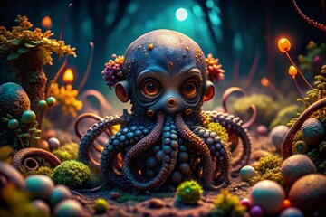 Fototapeta premium Surreal Baby Octopus Sculpture in Dark Whimsical Landscape