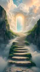 Digital Art. Stairway to the Heavens: A Stone Path Ascending from a Green Hill into the Clouds