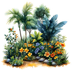 Fototapeta premium Lush tropical garden flourishing with exotic plants and flowers
