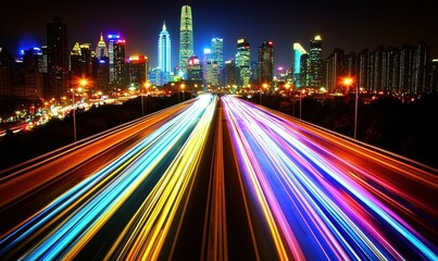 Fototapeta premium Light trails on highway with city skyline at night