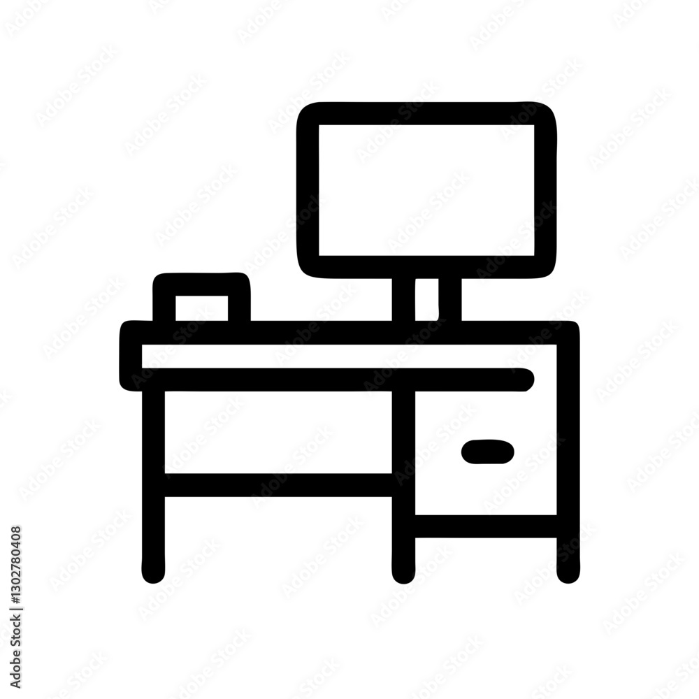 Poster minimalist vector icon of a modern desk with computer setup suitable for workspace design or office 