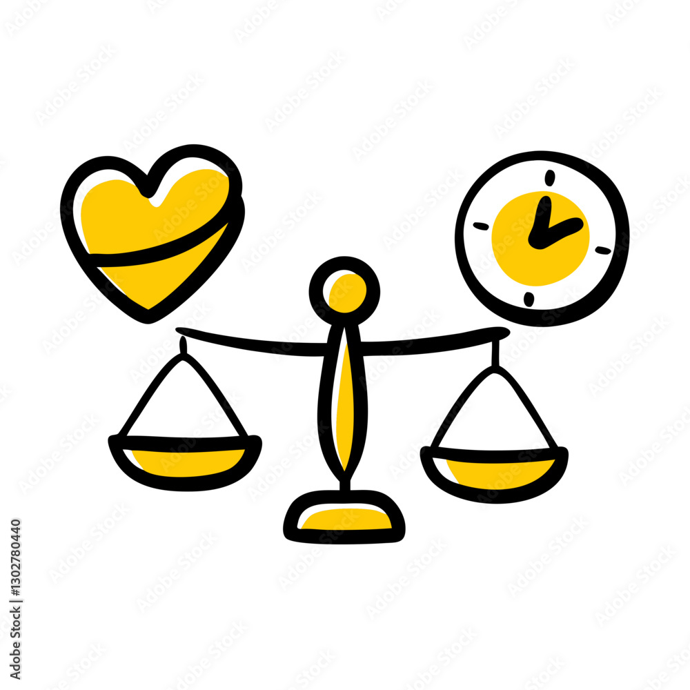 Poster balancing work and life with heart and time representation in vector icon design