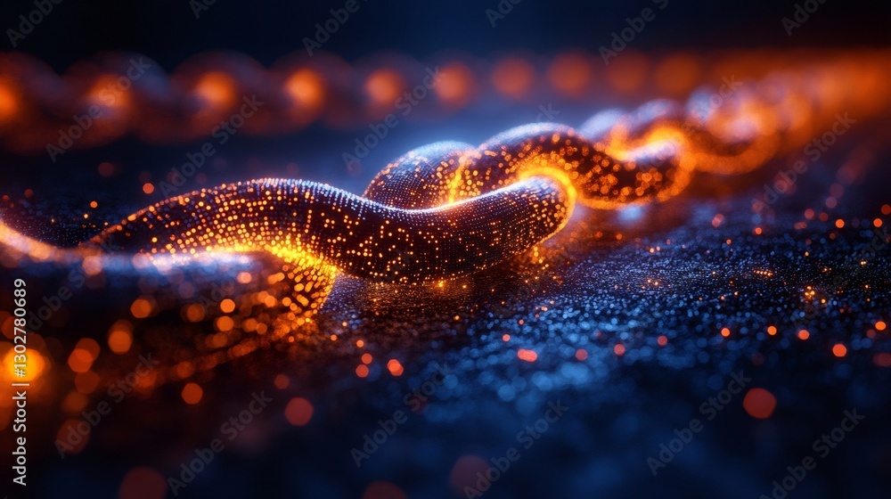 Poster glowing particle chain creating futuristic connection in digital world