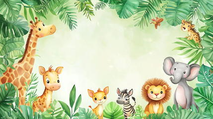 Naklejka premium Adorable watercolor safari animals tropical jungle green leaves background art fun cute lion baby
