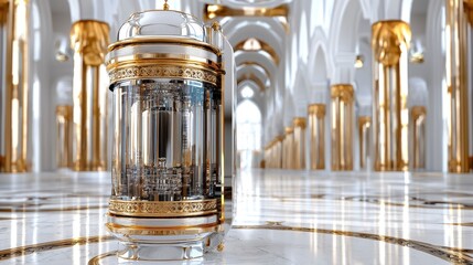 Elegant futuristic capsule in a grand marble hall with golden accents and arches