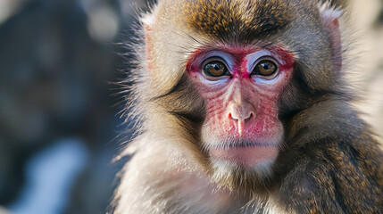 Closeup portrait of a japanese macaque monkey with brown fur eyes face wild cute fauna photo image