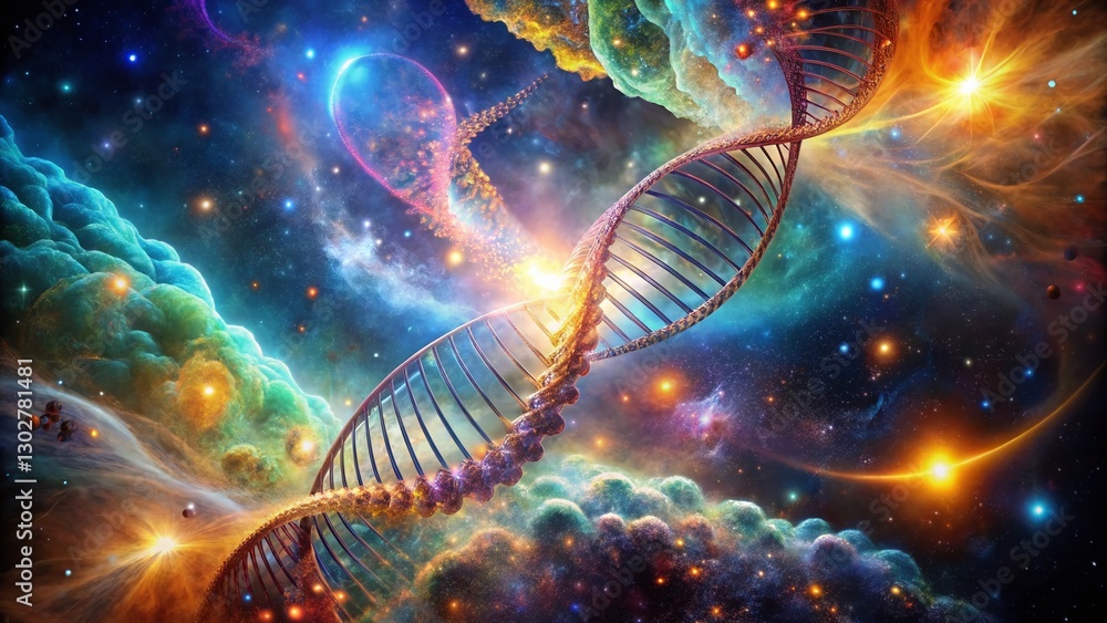 Poster surreal dna array analysis: microscopic genetic code swirling in cosmic nebula