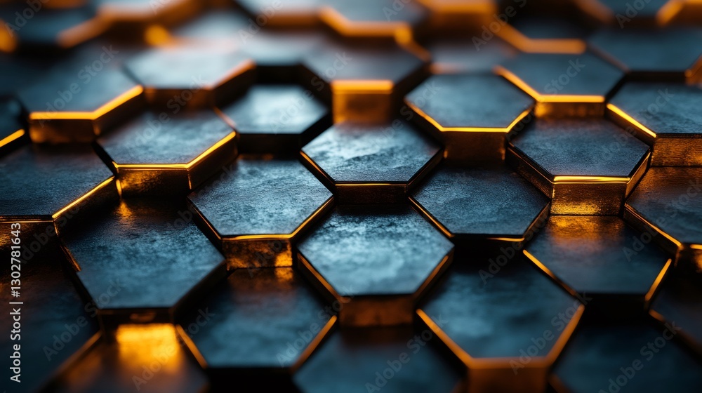 Poster abstract metallic hexagonal structure glowing with warm light